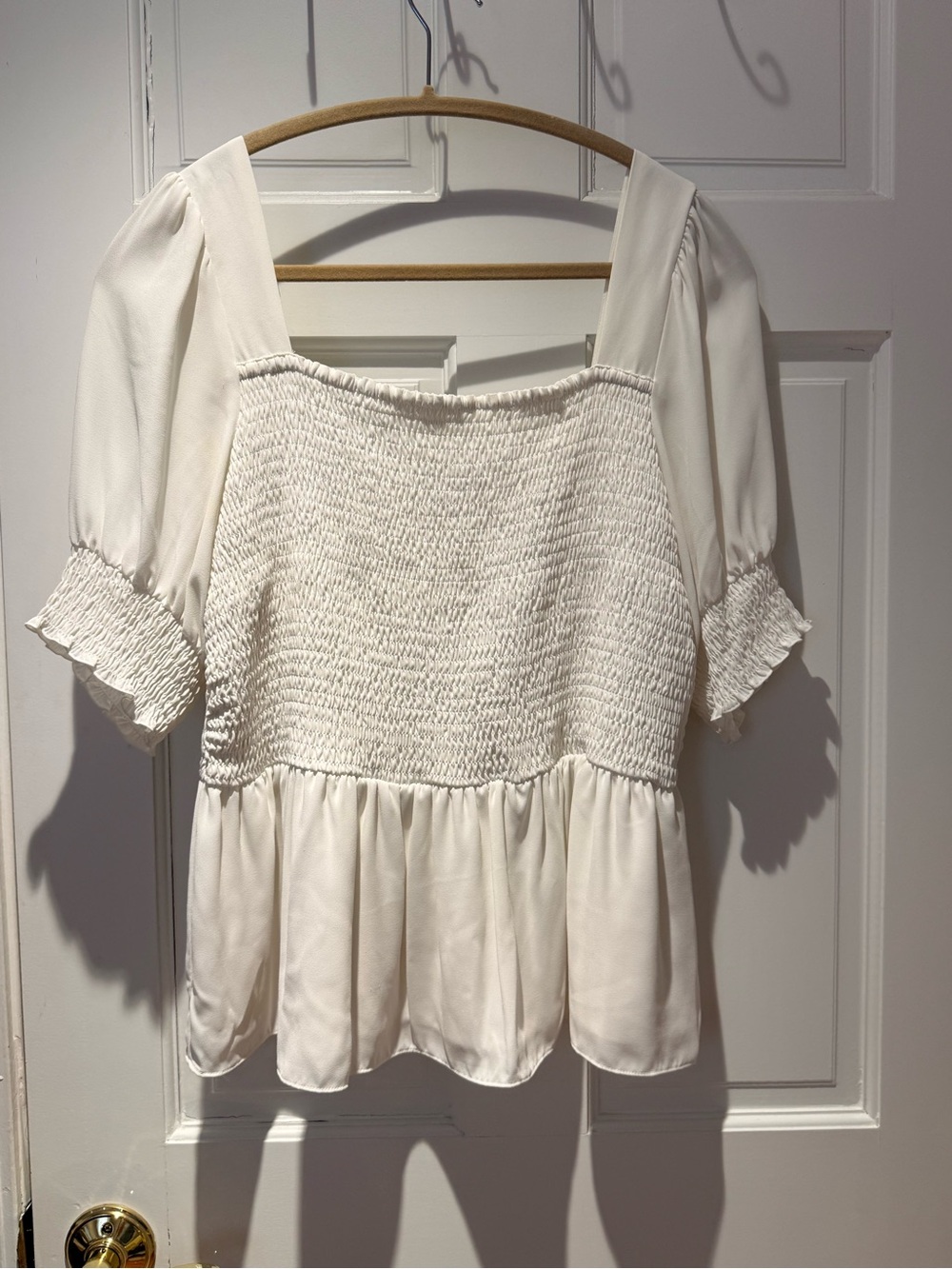 White Smocked Peplum Puff-Sleeve Top